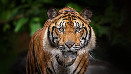 Imposing Sumatran Tiger Displaying Regal Confidence as It Approaches Camera, Set Against the Backdrop of a Lush, Verdant Rainforest at Dusk