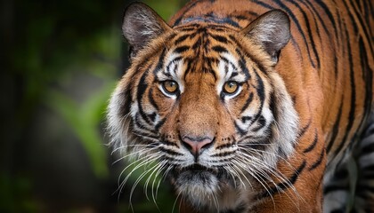 Powerful Sumatran Tiger Approaching Camera in the Heart of the Jungle, Displaying Majesty and Grace with Mesmerizing Eyes, Showcasing Vibrant Green Flora and Wildlife in a Mystical Landscape.