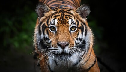 Naklejka premium Majestic Sumatran Tiger Stalks Towards the Camera, Displaying Power and Grace in the Dense Indonesian Rainforest