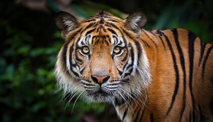 Striking Sumatran Tiger in the Wilderness Majestic Creature Approaching Camera with Pride and Power, Set Against a Lush Green Jungle Backdrop