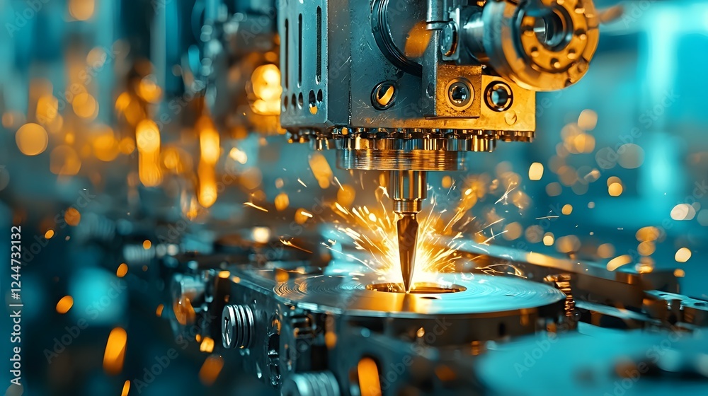 Poster powerful hydraulic press shaping metal sheets into specific forms for industrial manufacturing and m