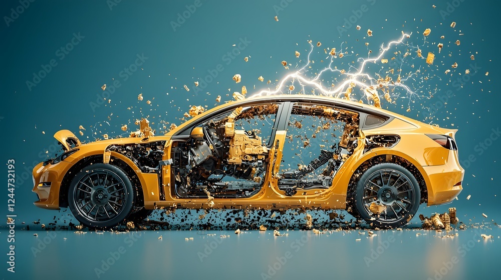Poster powerful lightning bolt formed from the collision and fusion of various electric car models showcasi