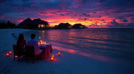 Romantic Couple Enjoying Sunset Dinner Beachside Paradise
