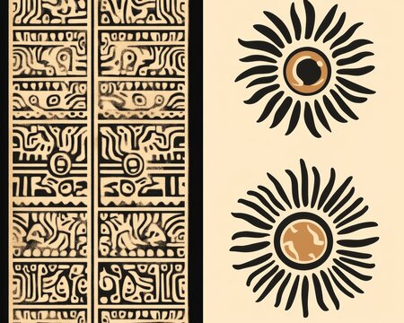 On a black background, a modern illustration of the Ancient Mayan calendar includes images of ancient American Indian characters, notably those of the Aztecs, Mayans, and Incas.