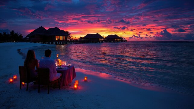 Romantic Couple Enjoying Sunset Dinner Beachside Paradise