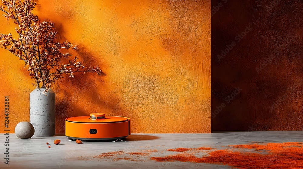 Poster robotic vacuum cleaner autonomously navigating through a minimalist modern home interior design with