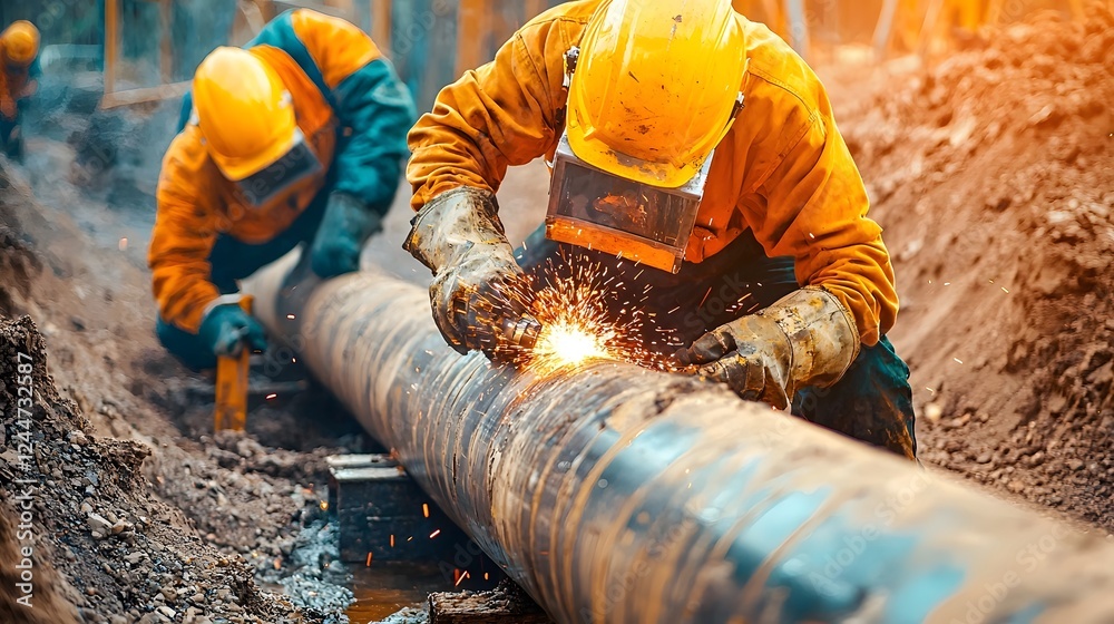 Aufkleber robotic welder constructing a large industrial pipeline in a manufacturing facility the worker is us