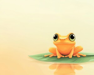 Bright Orange Frog Sitting on Leaf in Calm Water