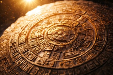 Fototapeta premium An intimate look at the ancient Aztec and Mayan calendar with its circular design and raised symbolism on a stone background. Neural network stock art.