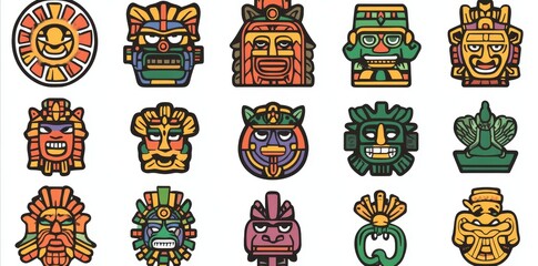 Fototapeta premium Mexican god symbols featuring black and abstract, colorful Aztec animal and bird totems. These symbols capture the essence of ancient Inca and Maya civilization’s simple, traditional iconography.