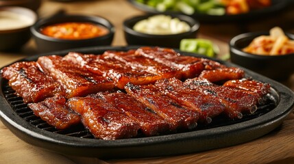 Delicious Grilled Meat on a Sizzling Plate with Fresh Vegetables