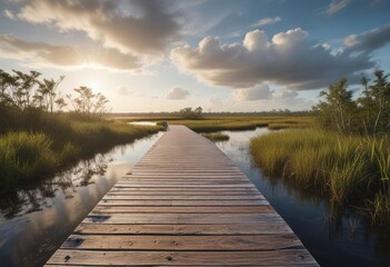 Obraz premium Spectacular view from a wooden boardwalk over the expansive wetlands of the Everglades, fauna, tropical birds, scenery, destination