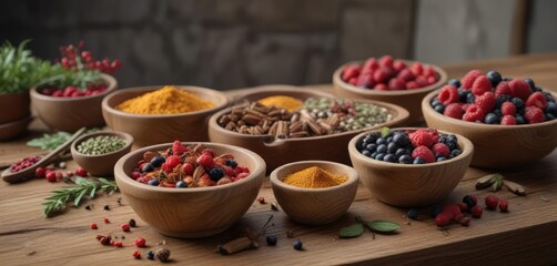 Fototapeta premium Spices and berries in wooden bowls on rustic table, spice rack, farmhouse decor, spice shelf, natural products