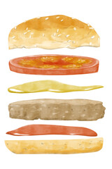 Watercolor Illustration with Burger in Flight: Bun, Tomato, Mustard, Patty and Ketchup for Use in Menu, Printing, Textile and Web