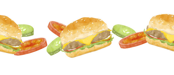 Watercolor Illustration Seamless Pattern Border with Cheeseburgers, Tomatoes and Pickles for Use in Printing, Textile and Web