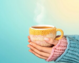 A cozy hand holding a steaming cup of tea, perfect for a warm and comforting moment.
