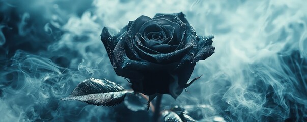 Black rose surrounded by white smoke, creating a mystical and gothic atmosphere, perfect for dark and artistic visual projects.