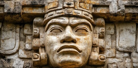 Obraz premium The ancient Aztec temple's wall bears a mysterious alien face, stirring intrigue.