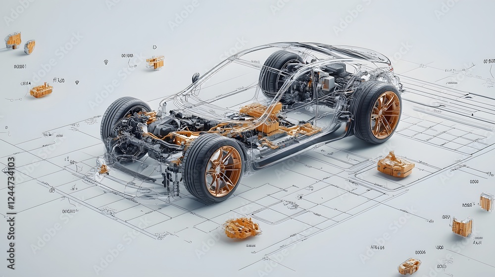 Poster Transparent floor revealing a smart wireless charging grid embedded beneath a moving car showcasing a futuristic transportation technology concept with innovative engineering and advanced design