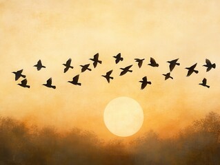 A mesmerizing silhouette of birds flying against a beautiful sunset, offering a moment of peace and tranquility in nature.