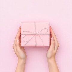 A pair of hands delicately holding a beautifully wrapped pink gift box on a soft pink background, symbolizing celebration and love.