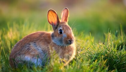Tranquil Morning Encounter A Playful Rabbit Basking in the Dappled Sunlight amidst a Lush, Verdant Meadow.
