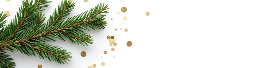 Pine tree branch arrangement with realistic golden confetti on white background, natural elements,