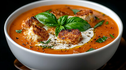 Creamy tomato soup with croutons, basil, in white bowl