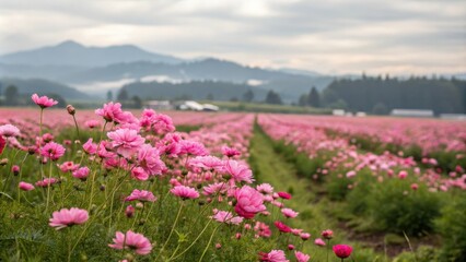 Obraz premium Pink flowers in a field with a blurry foreground and background of flowers, lush green grass, gentle sunlight filtering through, delicate flower stems, pastel hues, gentle breeze rustling leaves