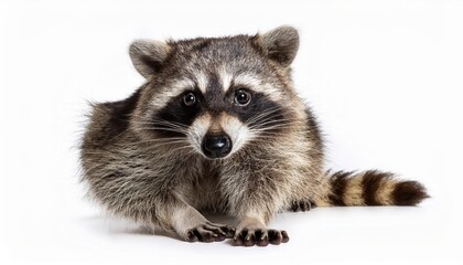 Striking Portrait of a Masked Bandit A Raccoon in High Contrast, Captured against a Pure White Background, Showcasing Its Curious Eyes and Playful Nature.