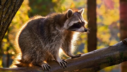 Radiant Raccoon Perched on Woodland Tree Branch, Bathed in Sunlights Golden Glow at Dawn, Capturing the Mystique of a Serene Forest Scene.