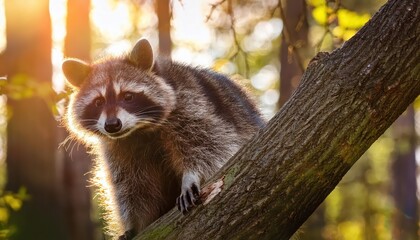 Majestic Raccoon Basking in Sunlight Amongst Woodland Wonders, Backlit by a Golden Sunbeam in an Enchanting Forest Landscape