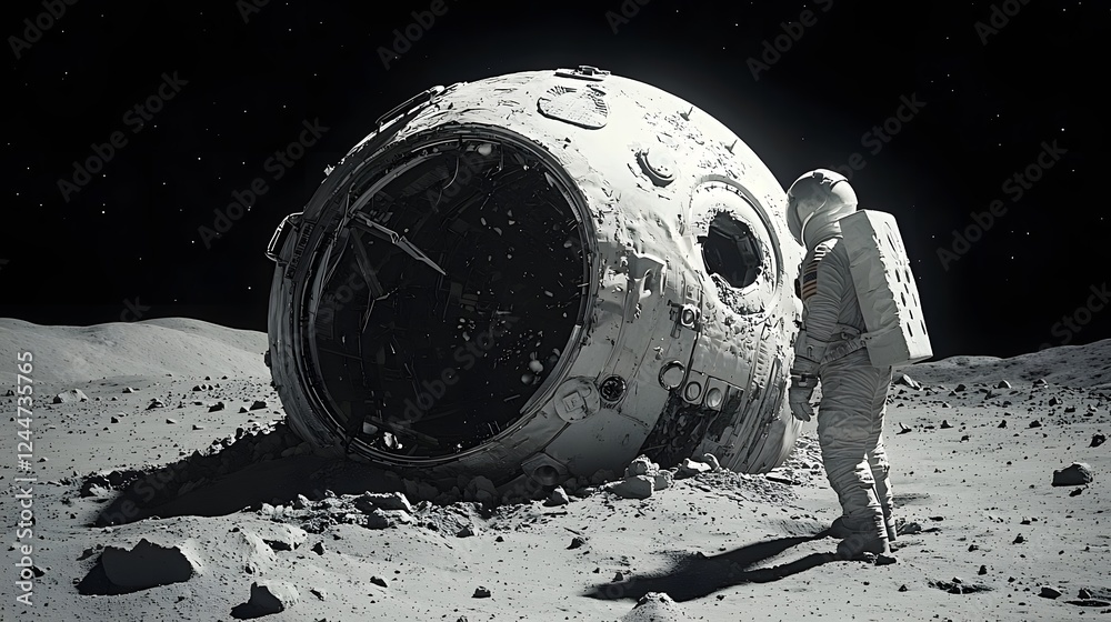 Poster A crashed and partially buried UFO discovered within a mysterious lunar crater surrounded by scattered debris on the surface of the moon