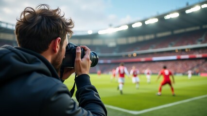 man taking photo soccer match large stadium man holding dslr camera wearing black jacket standing front camera appears focused game background several players field wearing red jerseys stands filled