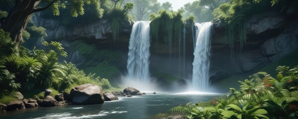 Fototapeta premium Pristine natural beauty of majestic waterfall surrounded by thick vegetation, environment, thick, natural beauty, pristine