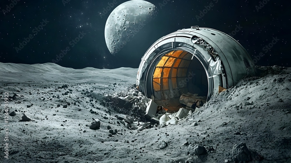 Poster a crashed partially buried ufo discovered in a lunar crater surrounded by extraterrestrial debris an