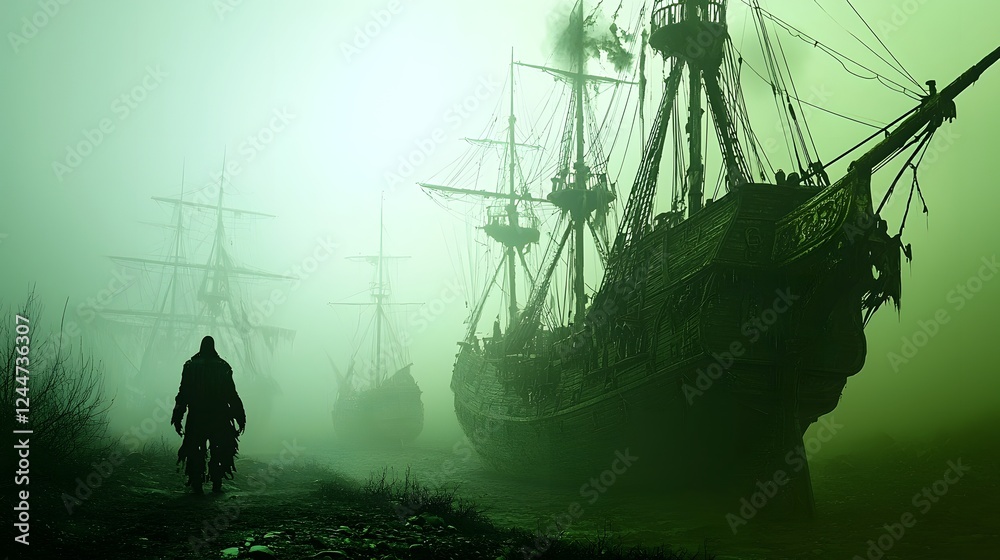 Aufkleber A fleet of ghostly ships silently sailing through the dense ethereal mists of the Bermuda Triangle lost in the folds of time and shrouded in an aura of mystery and the supernatural