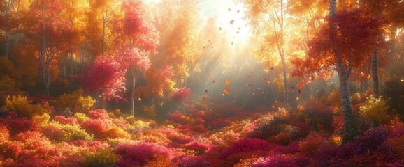 Autumn Forest Sunlight: Red And Gold Leaves Falling