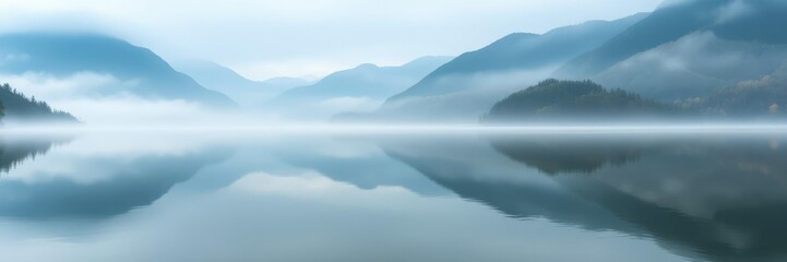 Fototapeta premium Reflections of misty mountains in a still lake, serenity, mountainous, light