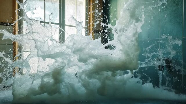 Explosive water splash in sunlit room capturing dynamic movement