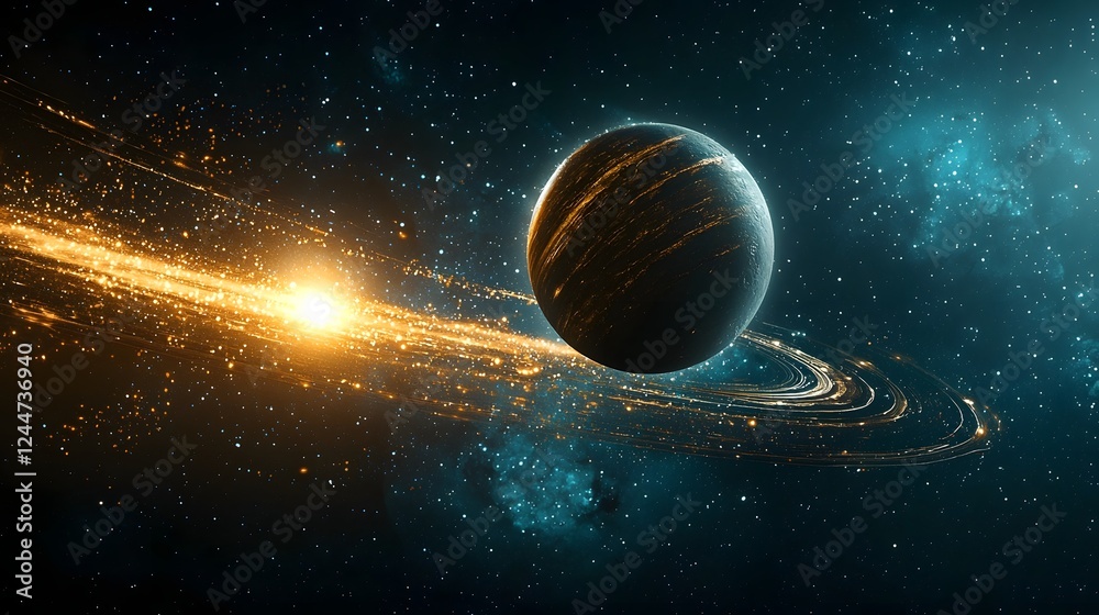 Poster A hidden planet shrouded in a cloaking field suddenly becomes visible in a breathtaking display of cosmic grandeur and captivating luminosity against the backdrop of a vast starry galaxy