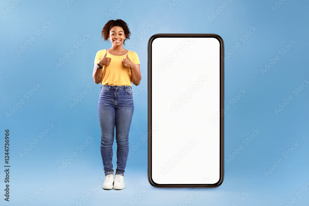 Poster best mobile offer. smiling african american lady demonstrating giant smartphone with white screen an
