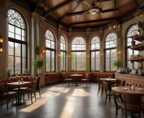 Fototapeta premium Richly decorated coffee shop interior with high ceilings and large windows, high ceiling, coffee shop