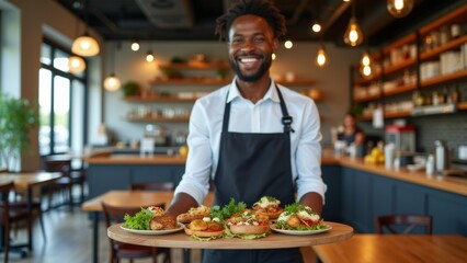 young man wearing black apron holding wooden tray three plates food standing restaurant cafe smile his face plates filled different types food including sandwiches salads dishes man wearing white