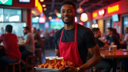 young man wearing red apron holding tray fried chicken two glasses beer standing restaurant people sitting tables background restaurant appears dimly lit red yellow neon signs hanging ceiling man