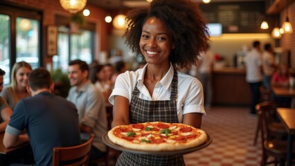 young woman holding large pizza tray restaurant she wearing white shirt black apron has curly hair she has big smile her face looking directly camera behind her people sitting tables few people