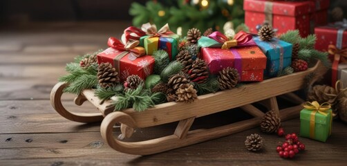 Rustic wooden sled overflowing with a mix of colorful gift boxes and pinecones, natural, Christmas, seasonal themes