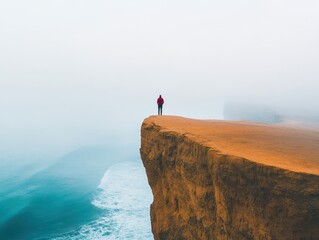 A solitary figure stands on a scenic cliff overlooking the ocean, enveloped in mist and beauty, creating a sense of tranquility.
