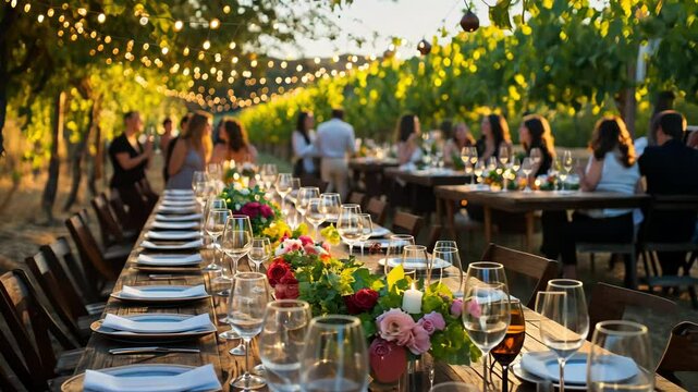 Enchanting vineyard dinner with string lights and elegant table setting at sunset