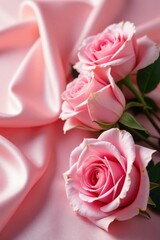 Fototapeta premium Soft pink roses draped elegantly on flowing silk , elegant, delicate roses, flowing silk